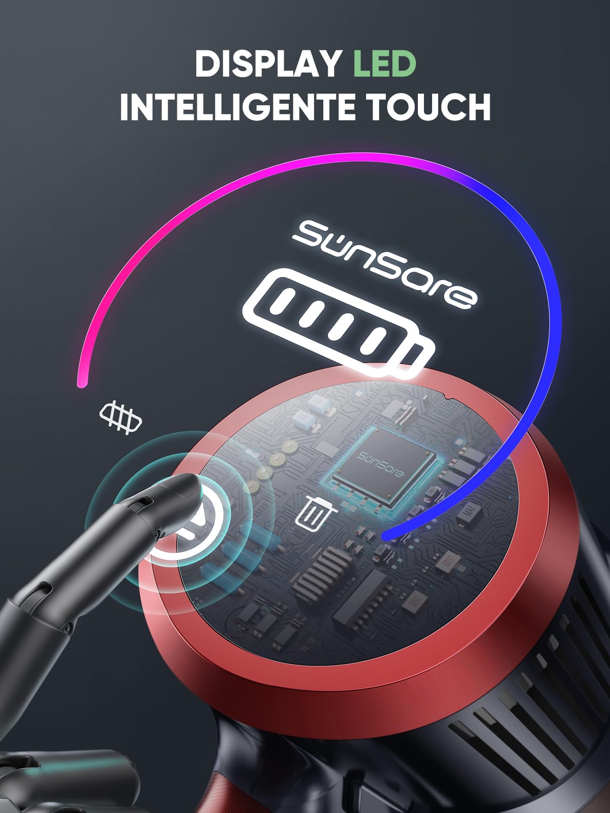 SunSare 450W&40KPA&55mins Aspirapolvere Senza Fili, Scopa Elettrica Senza Fili con Touch Screen Intelligente, Aspirapolvere Senza Fili Potente per Pavimenti/Tappeti/Peli Animali
