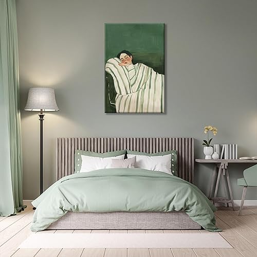 Miniatura 5 de Contemporary Woman Lying on Couch Wall Art Eclectic Emerald Green Posters Minimalist Stripe Decor Modern People Canvas Prints Boho Feminist