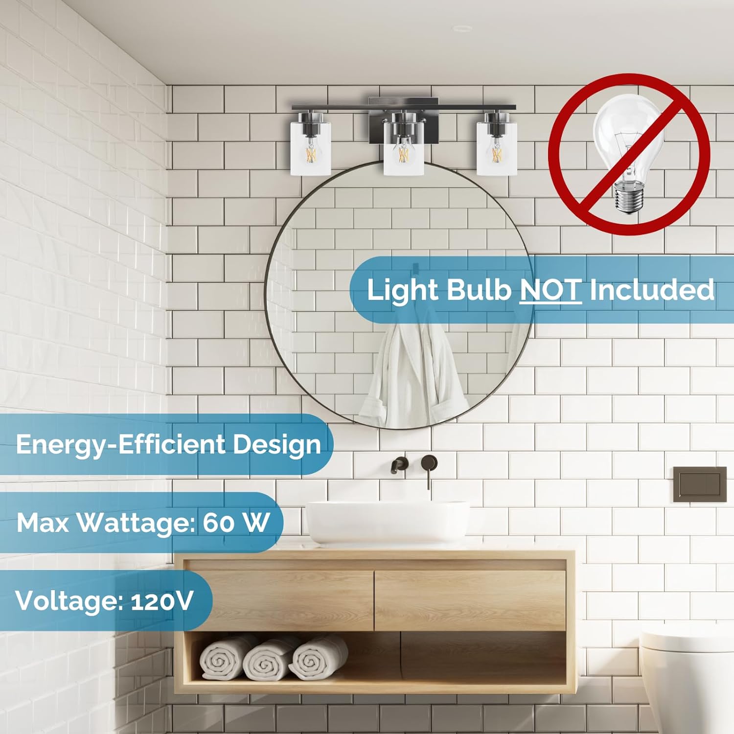 3-Light Bathroom Vanity Light Brushed Nickel Wall Sconce with Clear Glass Shades Modern Wall Lighting for Mirror Kitchen Bedroom E26 Base