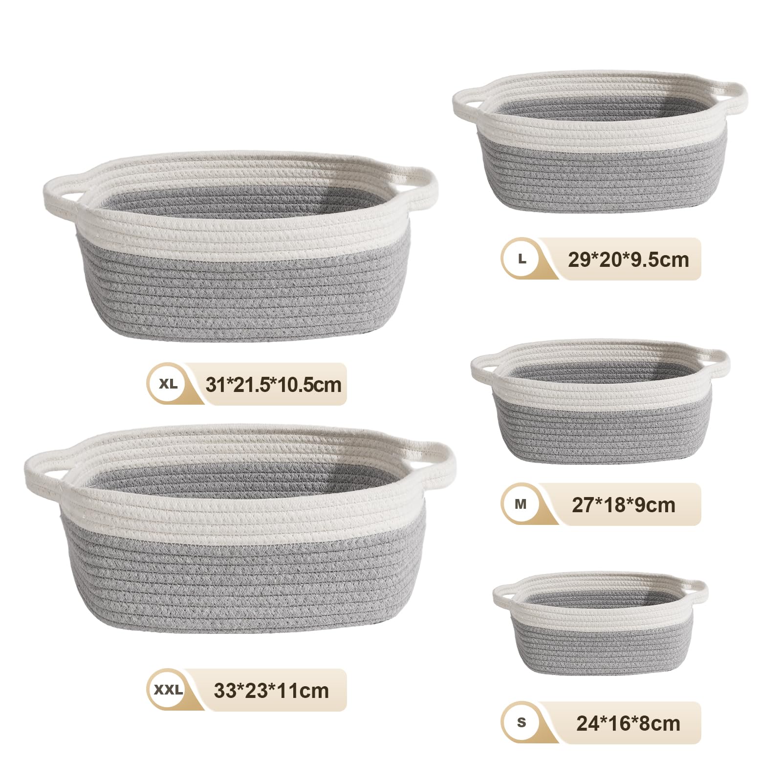 Cinnani Set di 5 Cestini Portaoggetti Intrecciato in Corda di Cotone, Impilabile Organizer Fasciatoio, Decorazione Cesto Portaoggetti per Bagno, Armadio, Camera da Letto, Soggiorno (Bianco/Grigio)