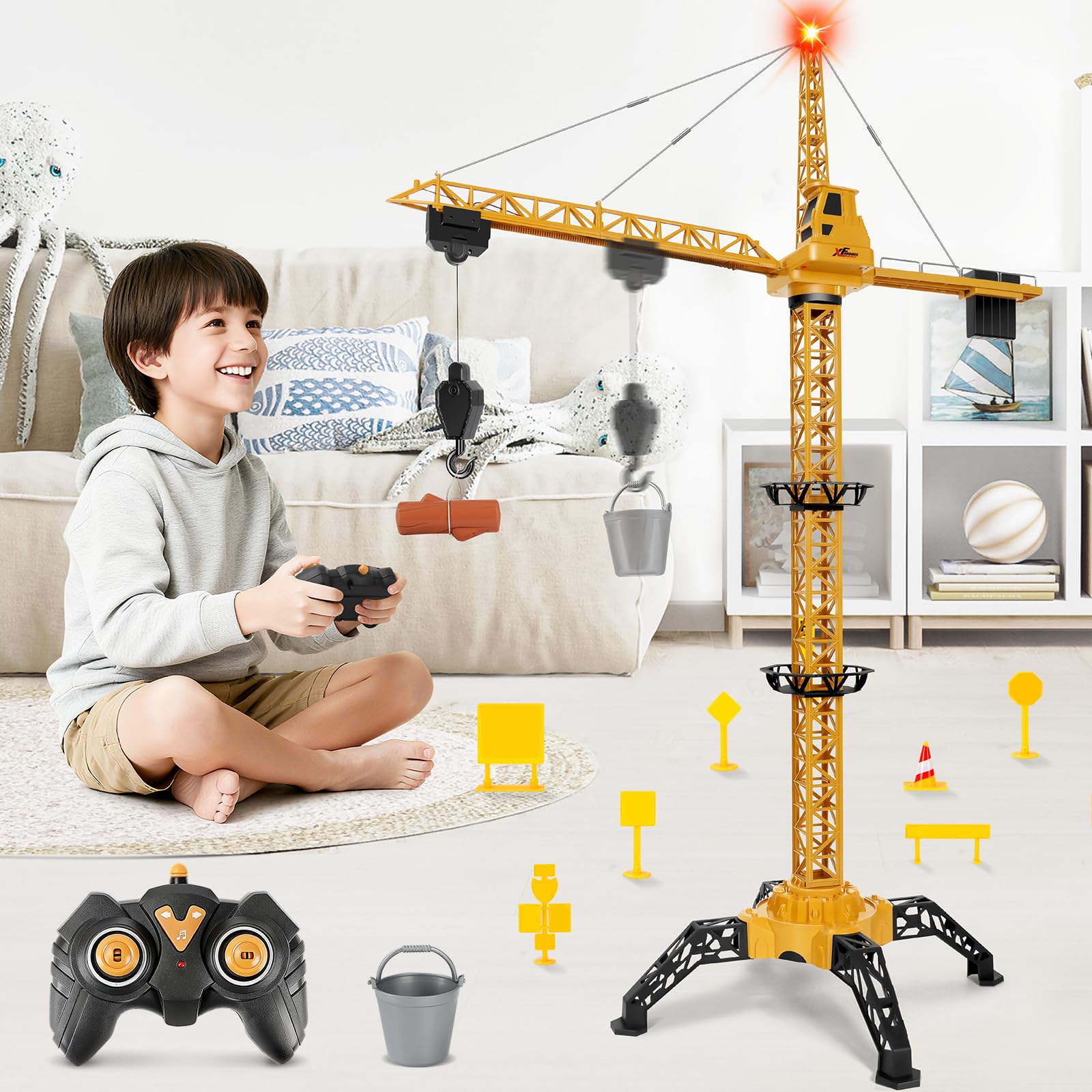 Herenear Gruas de Juguete Teledirigida, 140cm Grúa Torre Teledirigida con Luces y Mando a Distancia, 2.4GHz Grua Teledirigida 360 Grado Rotación para Niños