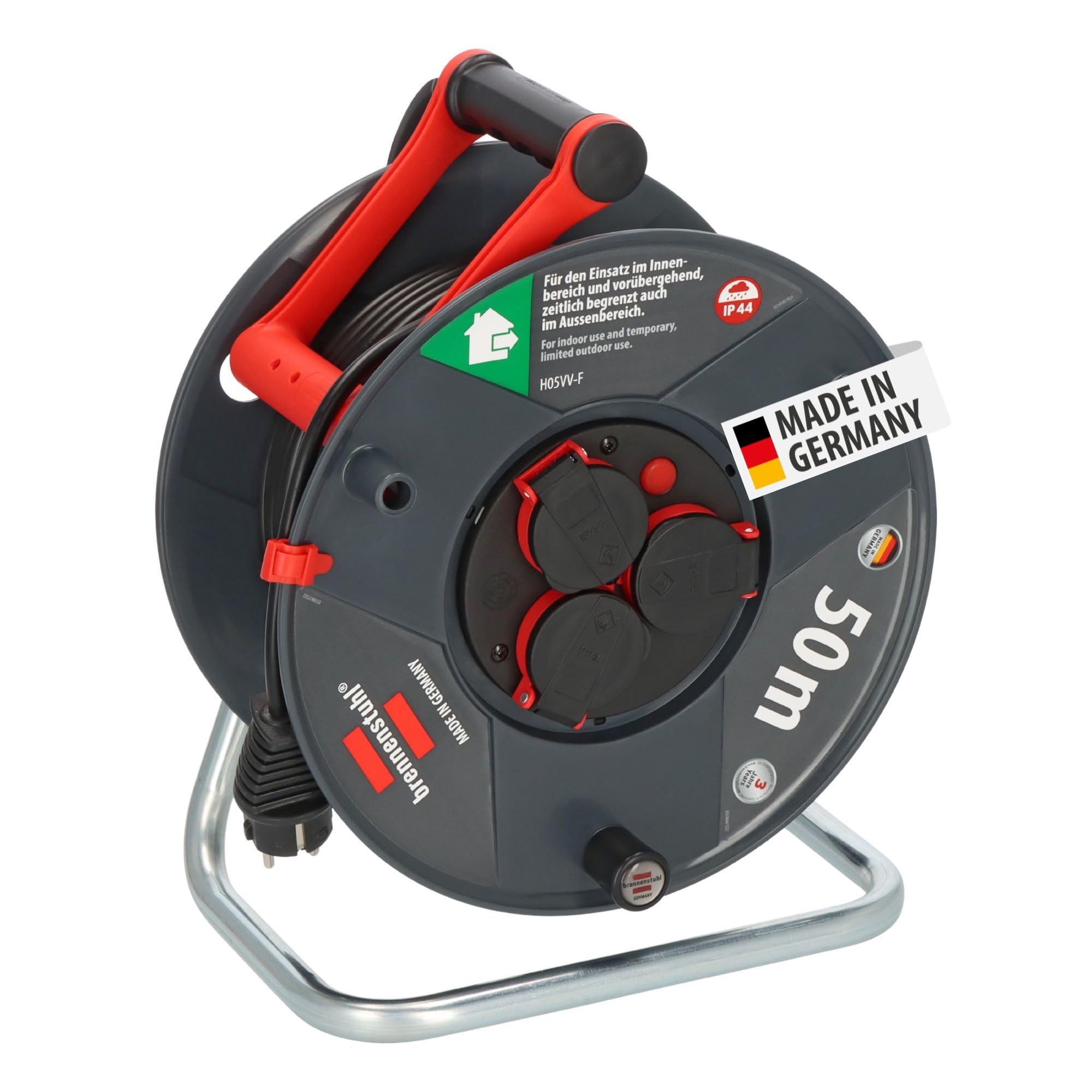 Brennenstuhl Garant, Avvolgicavo per esterni, IP44, 50 m (Made in Germany, 3 prese di sicurezza con migliore protezione touch, plastica speciale)