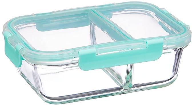 Solimo Microwave Safe Two Compartment Lunch Box Set for Office|Borosilicate Glass|Safety Lock Airtight Tiffin Containers(540 Ml)|Transparent|Slim Design