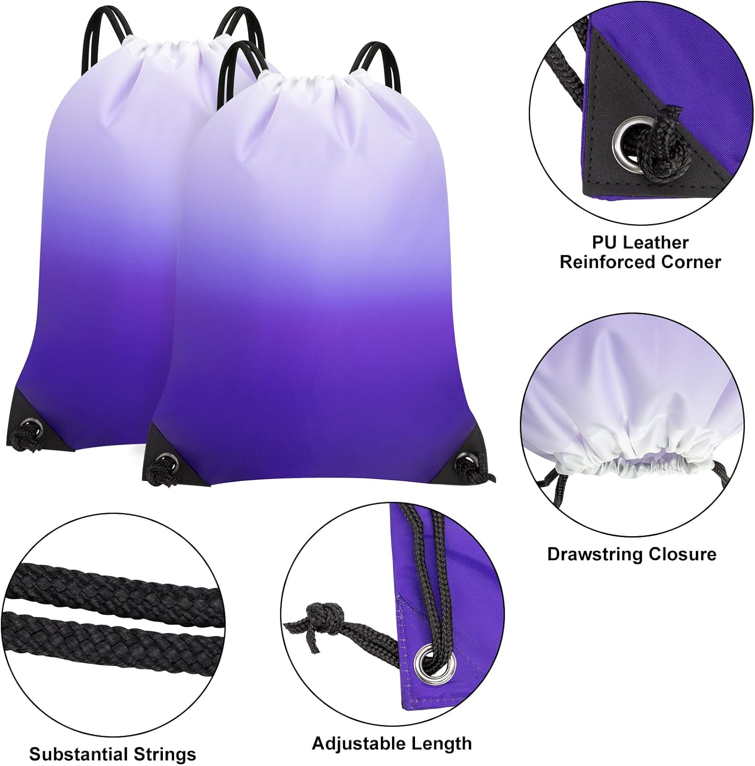 2PCS Drawstring Bags Bulk, String Backpack for Men Women, Cinch Bag Draw String Back Bag for Gym, Sports, Travel, Swimming, Beach, Gradient purple image 3