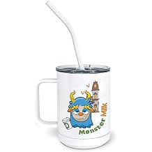 PixiDoodle Blue Monster Insulated Coffee Mug Tumbler with Spill-Resistant Slider Lid and Silicone Straw - Spooky Monster Kids Christmas 15 oz Mug, White