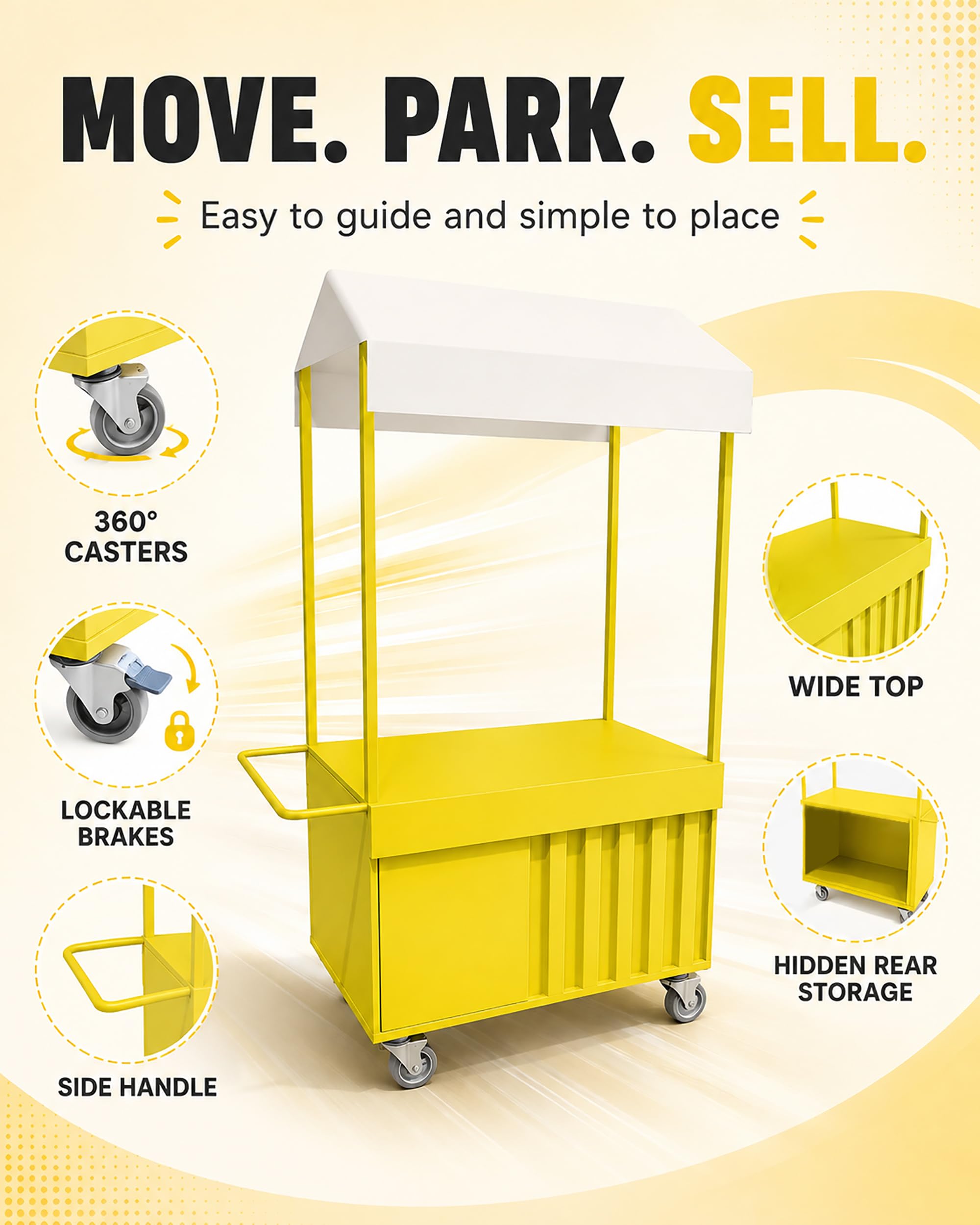 Przenośny wózek handlowy z daszkiem, mobilny wózek do sprzedaży jedzenia na świeżym powietrzu, wózek na desery z blokowanymi kółkami, przeznaczony na targi, do sprzedaży ulicznej i na imprezy