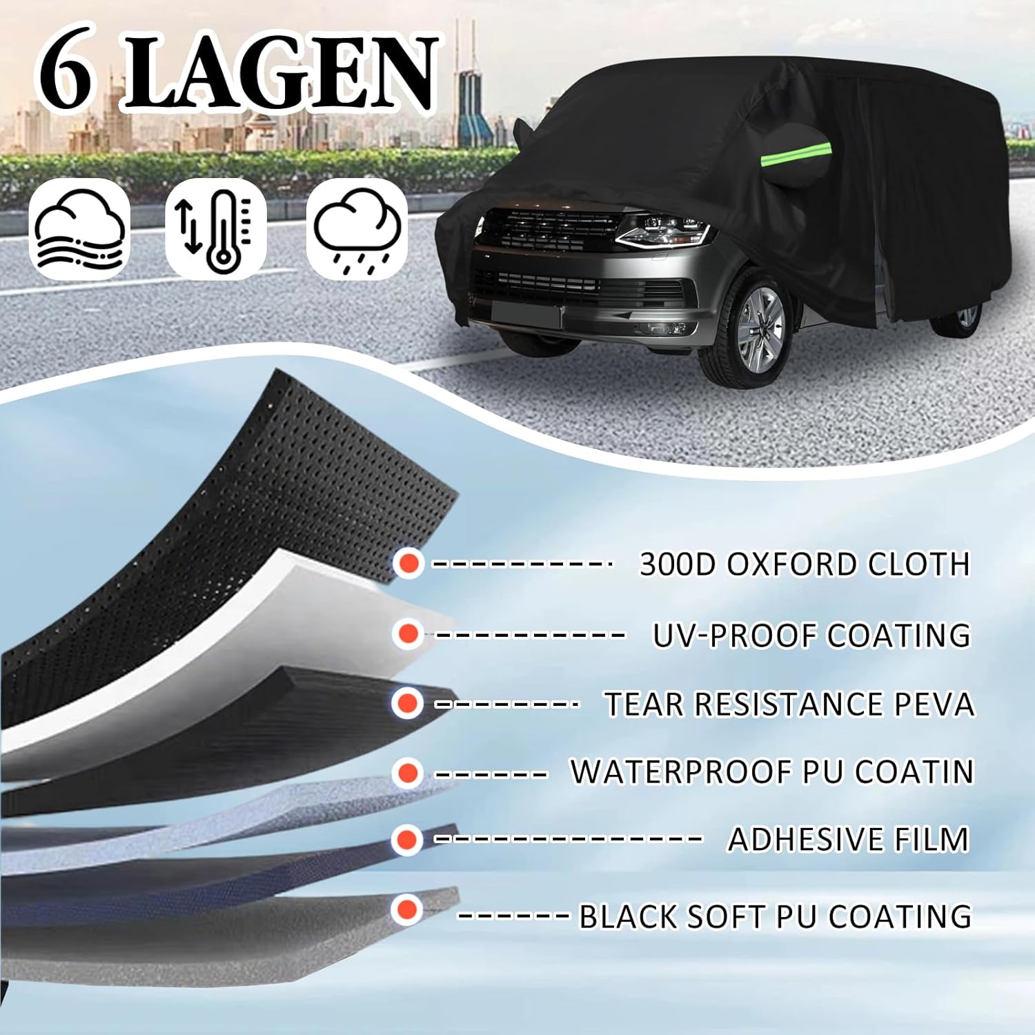 300D Oxford Cloth Car Cover for VW T5 T6 LWB, ZDHQLHJ Waterproof Sun Protection Snow Dust Storm Resistant Outdoor Full Cover, with Driver Side Zipper Windproof