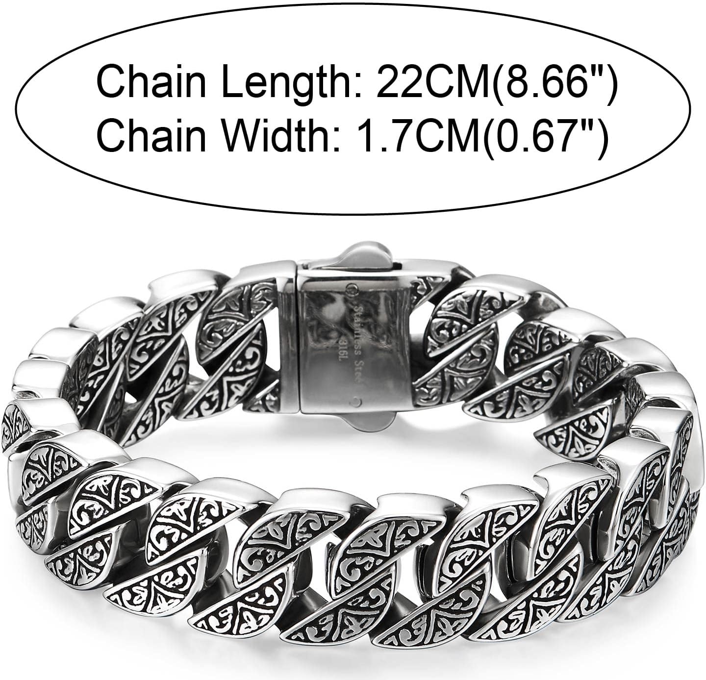 COOLSTEELANDBEYOND Stainless Steel Curb Chain Bracelet for Men, Sturdy and Large, Tribal Tattoo Pattern Fancy, Polished - Image 5