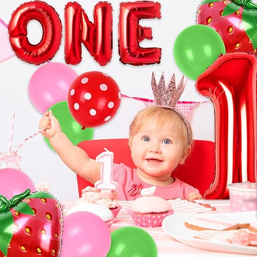 Miniatura 7 de Waline 30 piezas de decoración de primer cumpleaños de fresa, globo número uno, letra uno, globos rosas y verdes para decoración de fiesta de primer