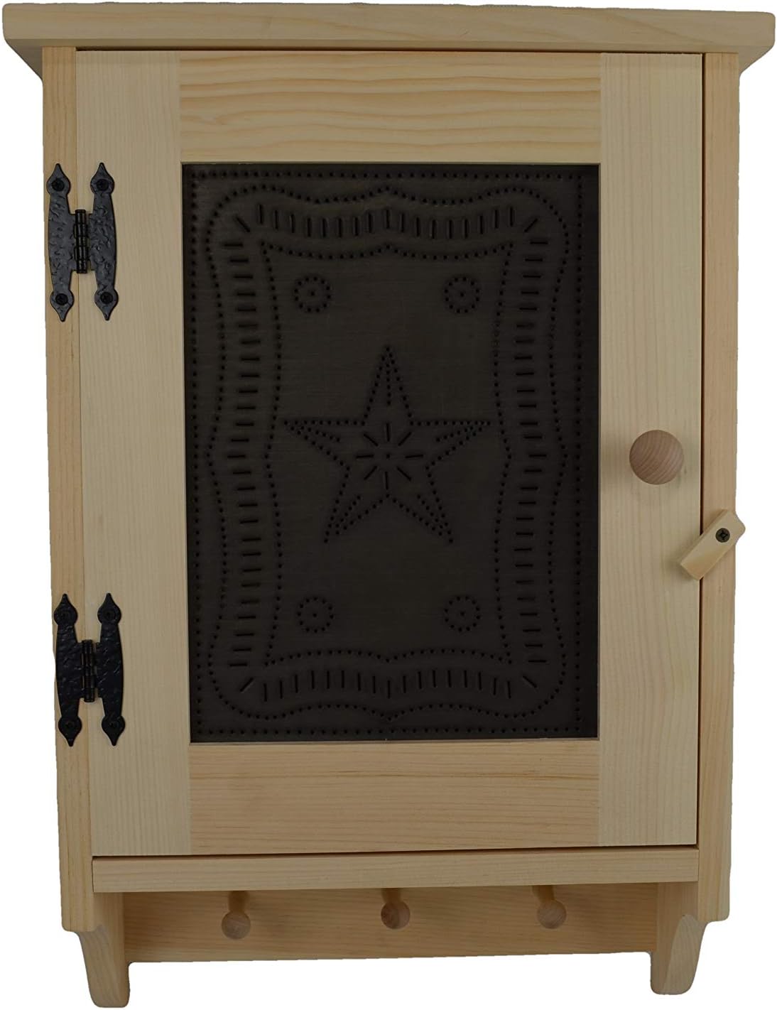Bathroom, Hallway, Bedroom, or Kitchen Display Cupboard with 3 Peg Hooks to Hang Towels, or Country Decor Solid Wood Construction with Star Punched Tin