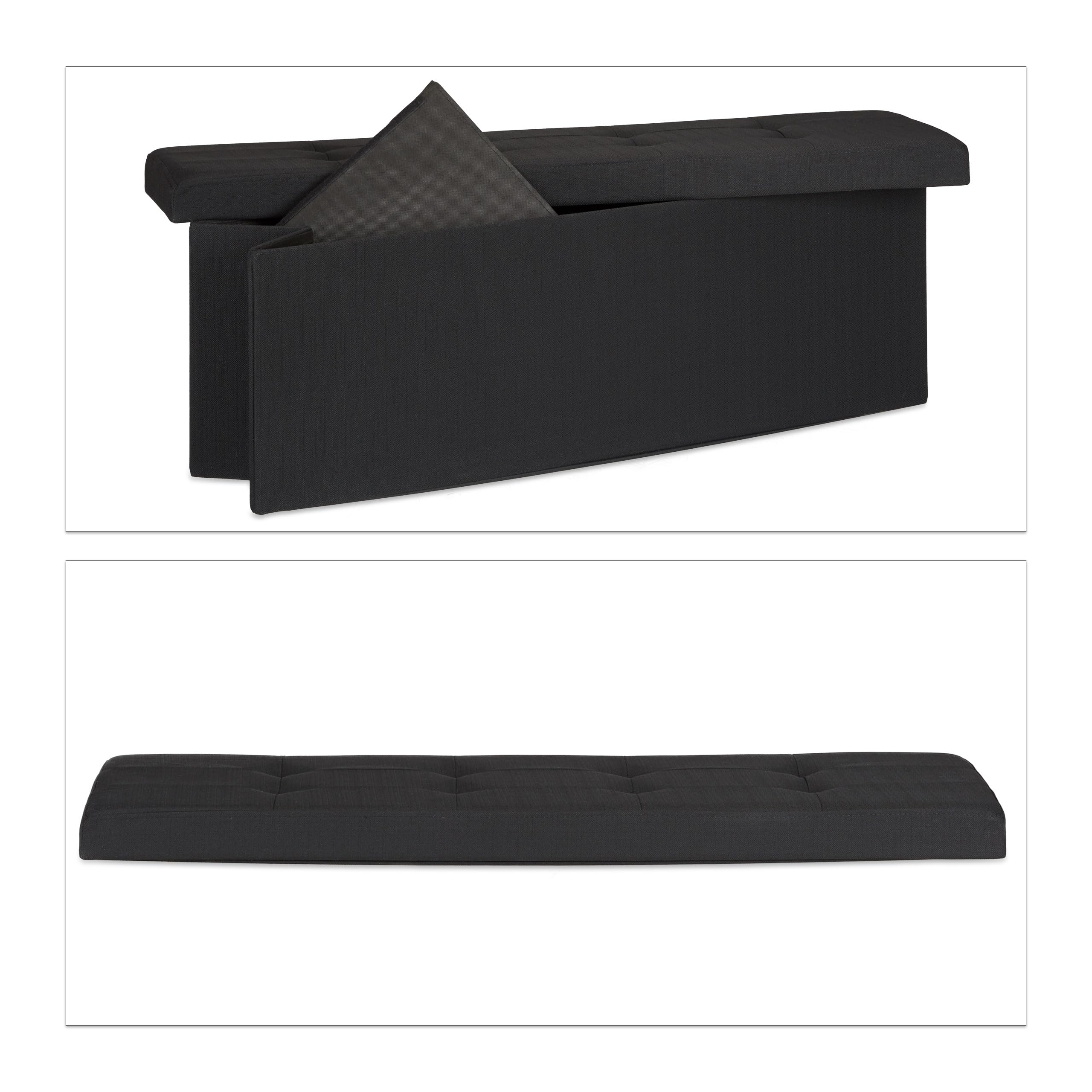 Relaxdays 10019049 _ 46 Pouf pliant, banc avec rangement, repose-pieds, lin, noir, 114 x 38 x 38 cm