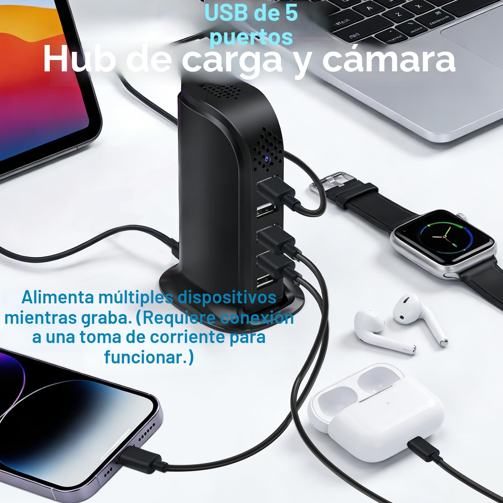 TANGMI Mini Camara Espia WiFi, Hub de Carga 5-en-1 Mini Camara WiFi, WiFi 2.4G & 5Ghz 1080P HD con Detección de Movimiento y Alertas Instantáneas para Hogar y Oficina