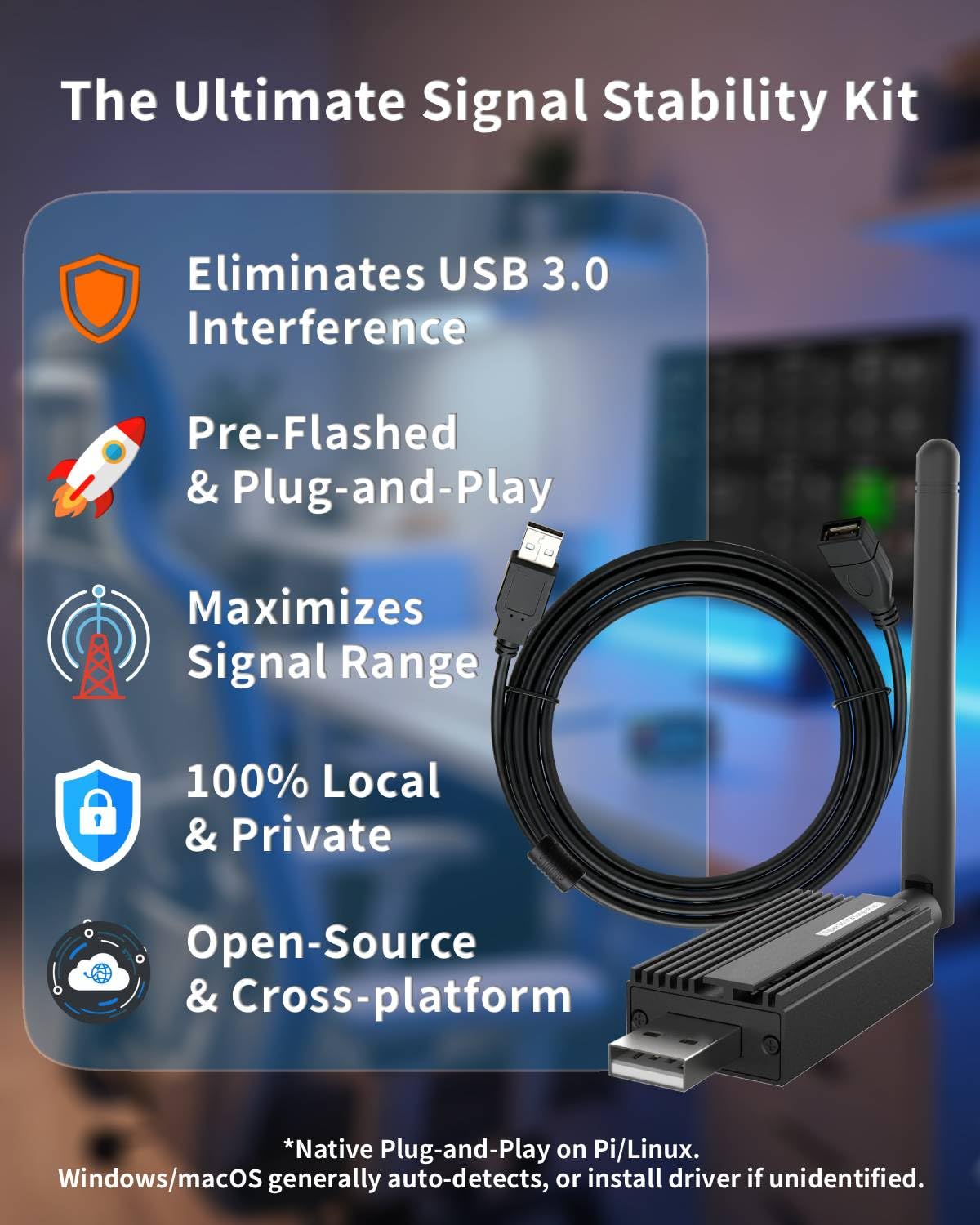 Zigbee 3.0 Dongle Plus-E (ZBDongle-E) Kit con cavo di prolunga schermato da 1,5 m, risolve le interferenze USB 3.0, coordinatore EFR32MG21 + 20dBm per Home Assistant (ZHA), Zigbee2MQTT e hub locale