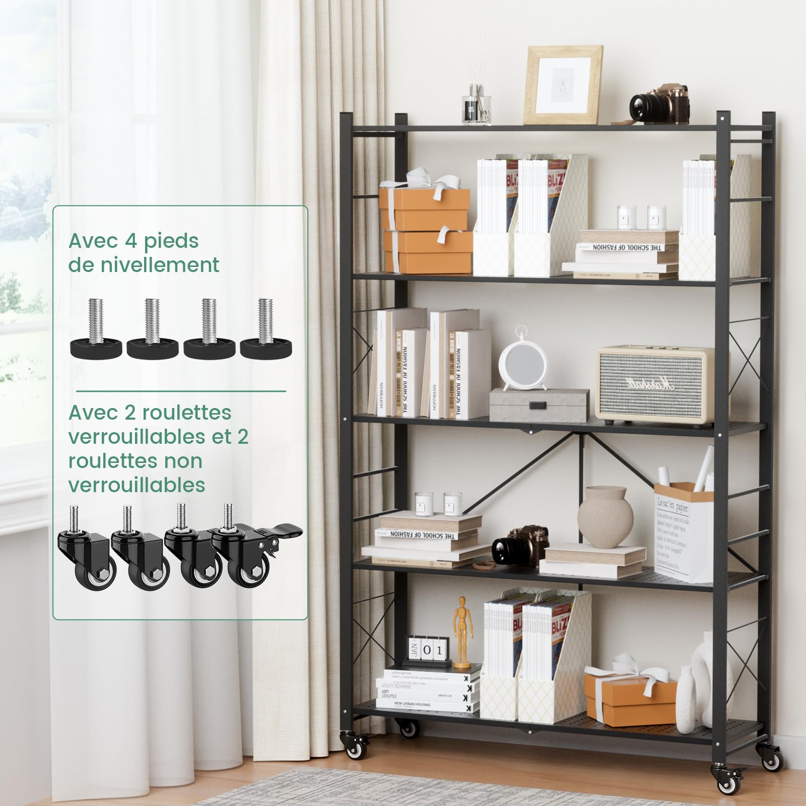 ALANNG Étagère Pliable 200kg - 100cm Largeur, 5 Niveaux Étagère Métallique Réglable & Amovible Noir, Montage sans Outil - Étagère Pliable Mobile pour Cuisine Bureau Cave -165x100x35cm