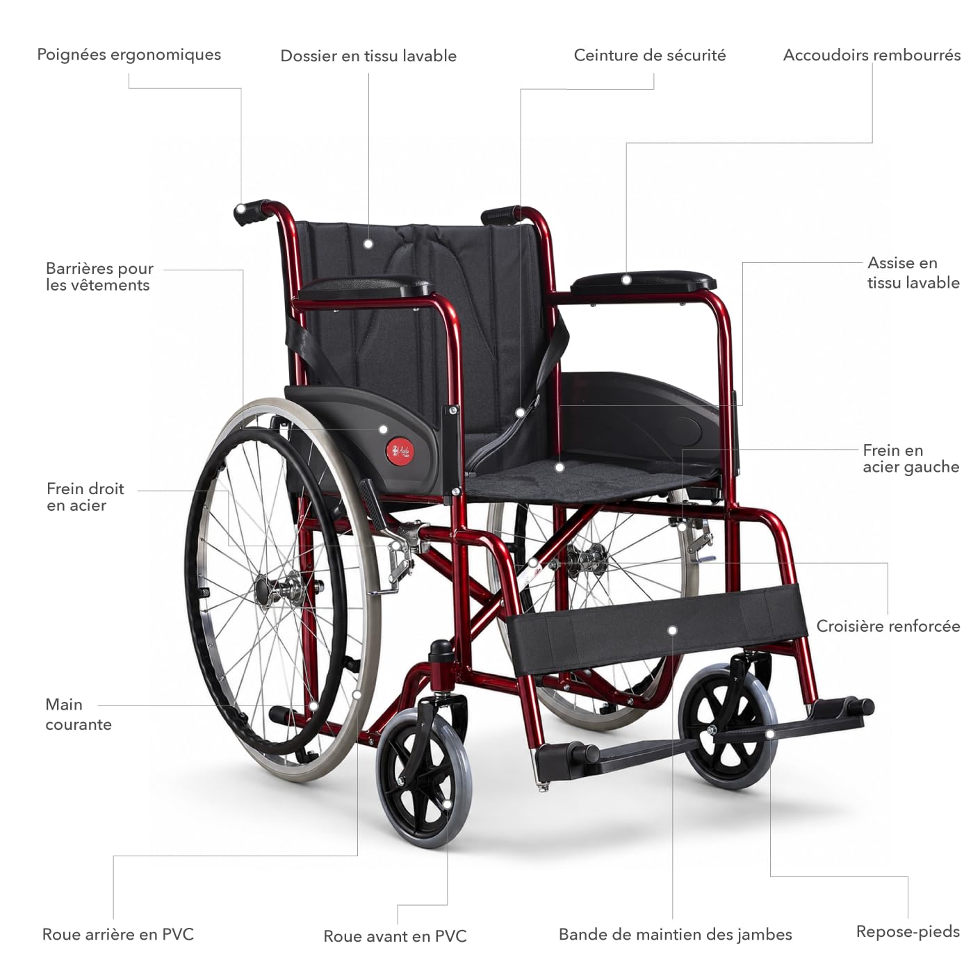AIESI® Fauteuil Roulant pliable léger à autopousser pour les handicapés et les personnes âgées AGILA BASIC, Accoudoirs et Repose-pieds fixes, Ceinture de sécurité, Garantie 24 mois