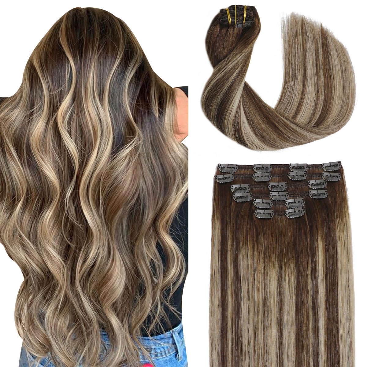 Sindra Clip in Hair Extensions Real Human Hair, 16inch Balayage Clip in Hair Extensions Double Weft Chocolate Brown to Caramel Blonde 100g 6pcs Silky