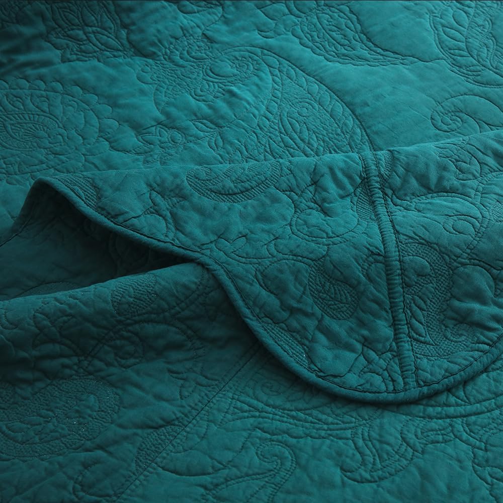 ENASAL Cotton Green Bedspread Quilt Bedding Sets King Size, 3 Pieces Reversible Comforters with Ruffle Edge Coverlets for All Seasons, Paisley Floral Stiching Pattern, Turquoise, King - Image 4