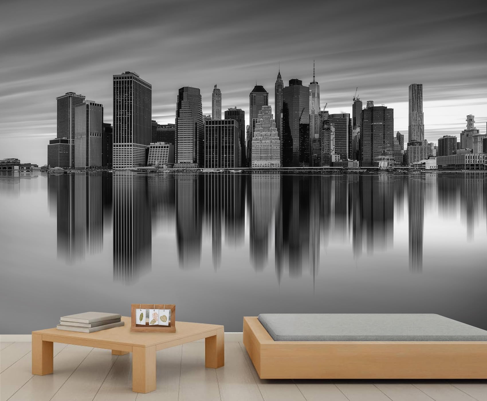 New York Murals Black and White City Mural Water Reflection City Landscape Wallpaper Modern Architectural Murals Bedroom Living Room Wallpaper No Foaming 430 x 300 cm