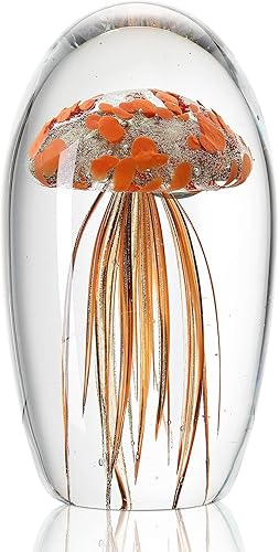 SPI Home 58070 - Figura decorativa de cristal de medusa naranja metálica moteada que brilla en la oscuridad, 6.5 x 4 pulgadas, decoración de mesa