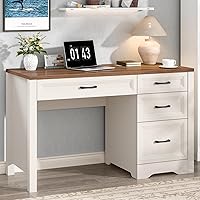Vabches Farmhouse Executive Desk with Adjustable File Drawer & Storage - Rustic White Home Office Writing Desk