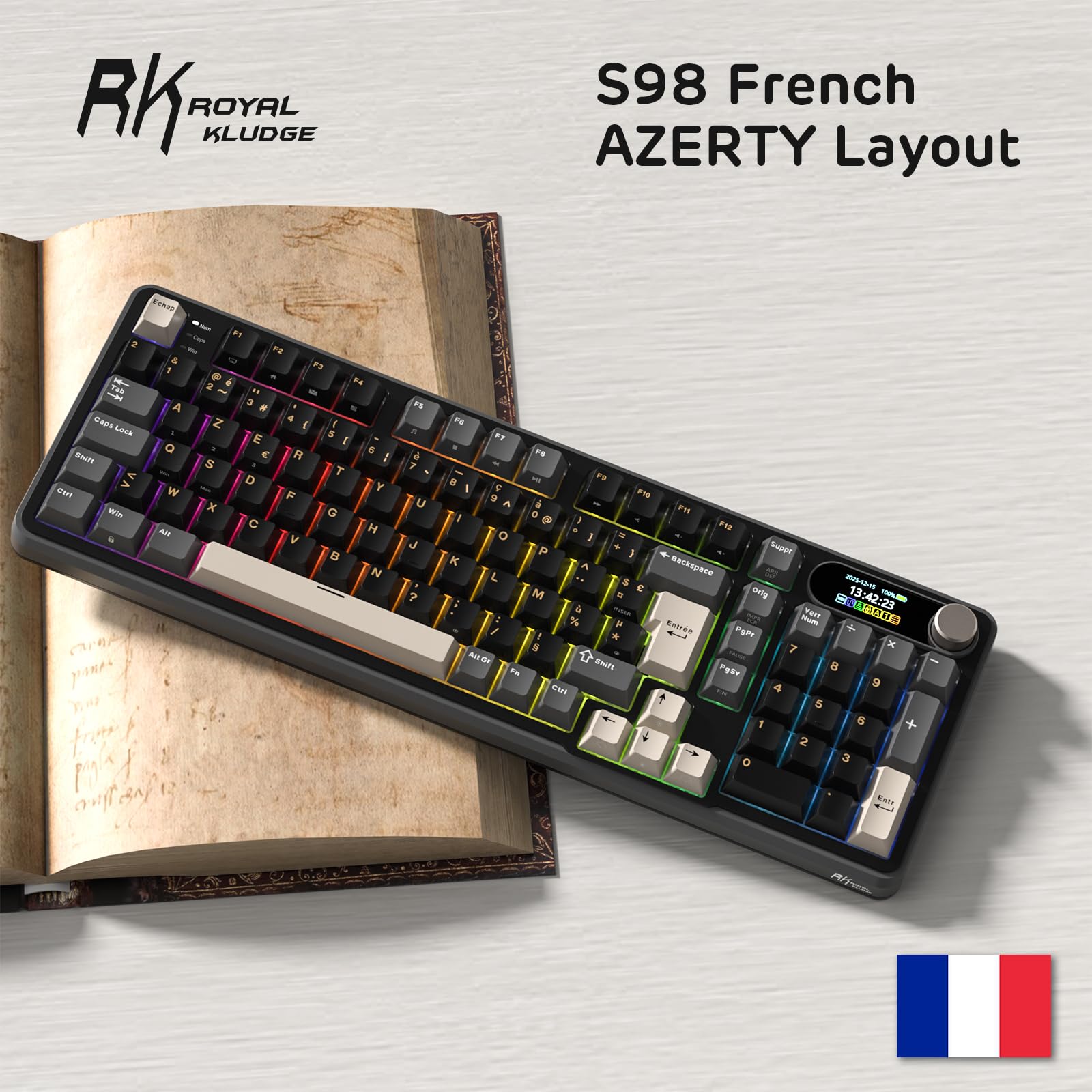 RK ROYAL KLUDGE S98 FR Clavier mécanique avec Smart Display & Bouton, Top Mount 96% Wireless Mechanical Keyboard BT/2.4G/USB-C, Hot-Swapable, Software Support, 98 Touches, French AZERTY