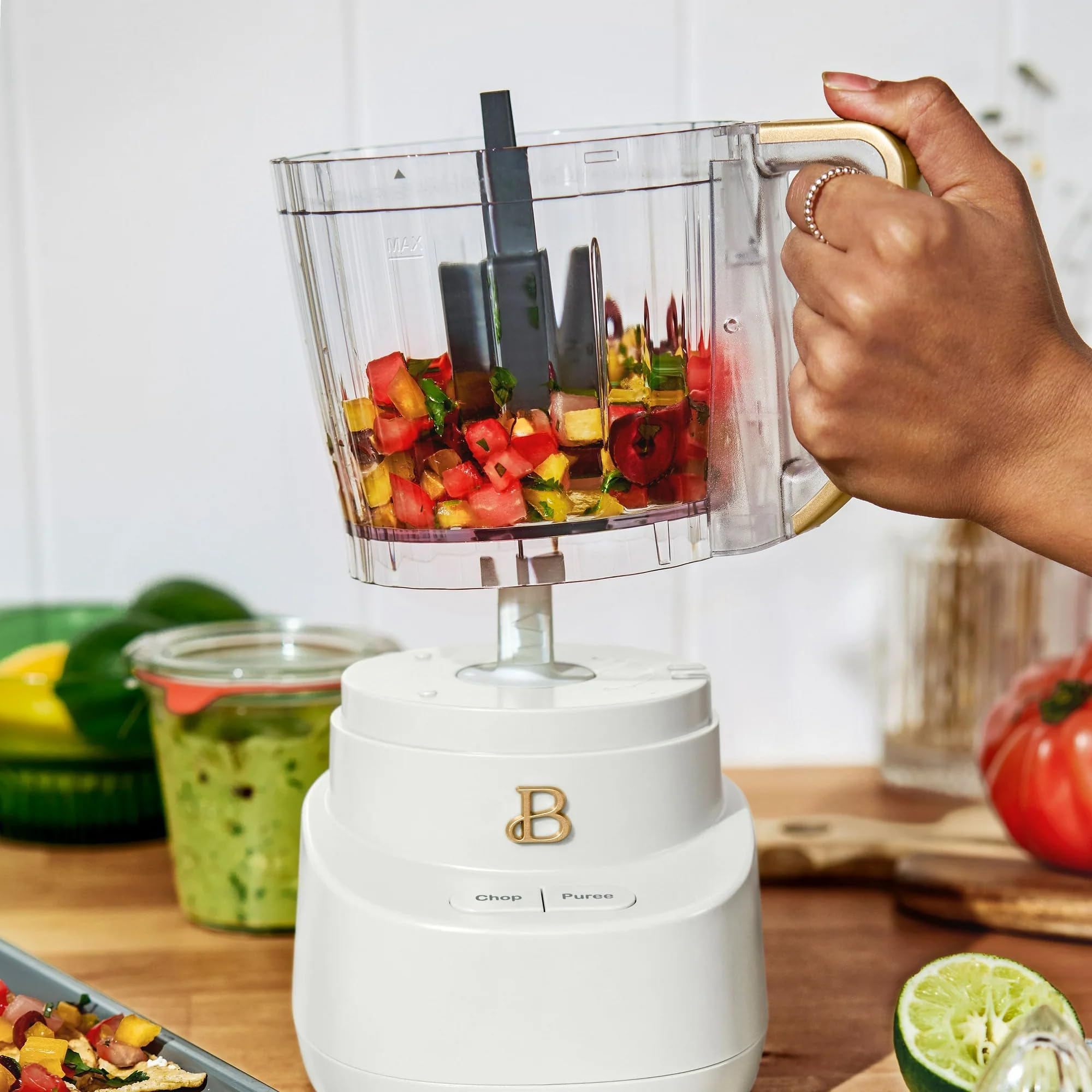 Beautiful 3-Cup Food Chopper, Electric Mini Processor with Plastic Bowl, BPA-Free, Stainless Steel Blade, Dishwasher Safe, Compact Touch Control Kitchen Appliance Powerful 250-Watt (White Icing)