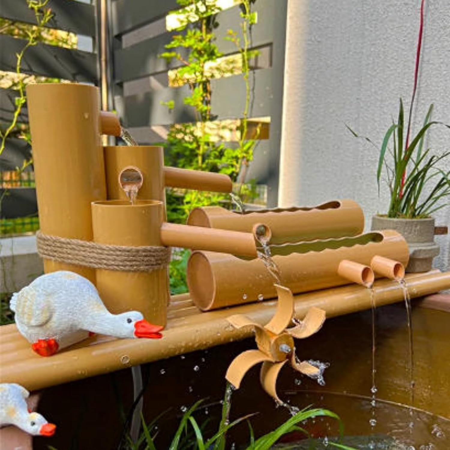 Powered Decorative Cascade Water Fountain,Fountain Japanese Garden Waterfall Nozzle Outdoor Handmade 50cm Length, Traditional Asian Design， Indoor Outdoor Pond Decor，PVC Material