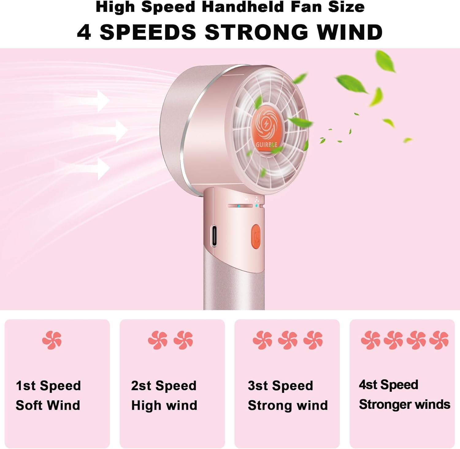 Gurible Handheld Fan,High Speed Portable Turbo Fan,Powerful Personal Fan(2600mAh Battery Work 3-16 H),USB Rechargeable Mini Fan for Travel/Outdoor/Makeup/Gift (Rose Pink)