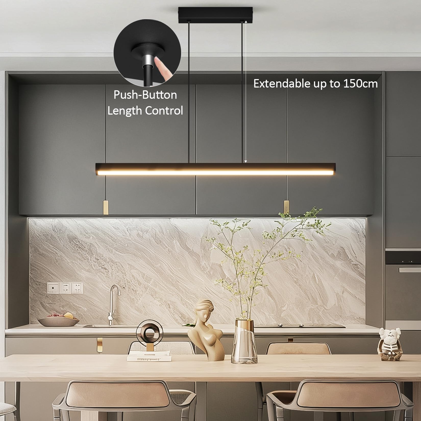 80 cm Regulowana lampa wisząca, LED lampa wisząca do jadalni, ściemniana, 3000K/4000K/6000K, 24W, lampa wisząca z pilotem zdalnego sterowania, do nowoczesnej jadalni, kuchni, biura, czarna
