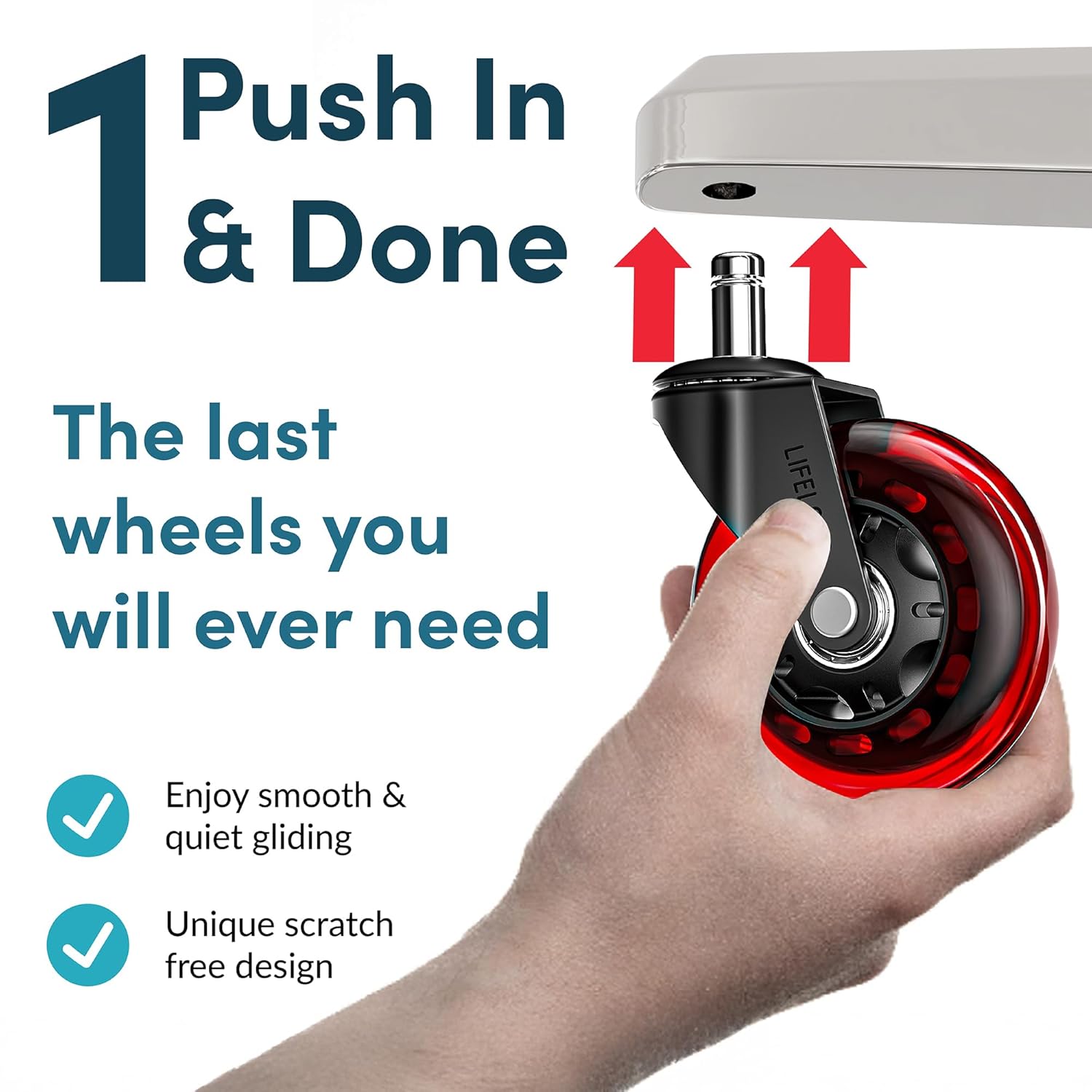 Lifelong Original Office Chair Wheels (As Seen On CNN) Replacement Rubber Chair Casters for Hardwood Floors & Carpet, Set of 5, Heavy Duty Casters for Chairs to Replace - Fits 98% (Red)