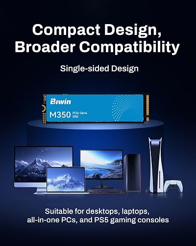 Biwin Disque SSD M350, PCIe 4.0 NVMe M.2, jusqu'à 6 000 Mo/s, Gestion Thermique graphène et HMB, Interface PCIe Gen4x4, Compatible avec Ordinateurs de Bureau, Mini PC PS5 (2to) - 8