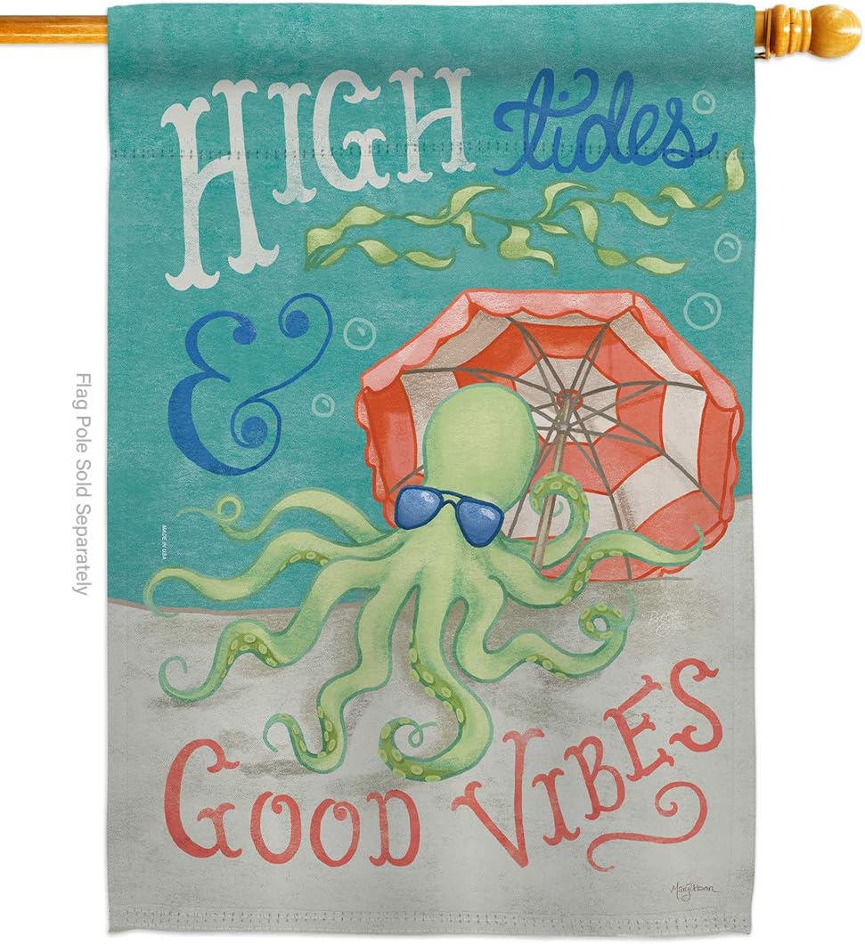 Octopus Good Vibes House Flag Animals Sea Creature Nautical Ocean Fish Outdoor Summer Marine Small Decorative Gift Yard Banner Made In USA 28 X 40
