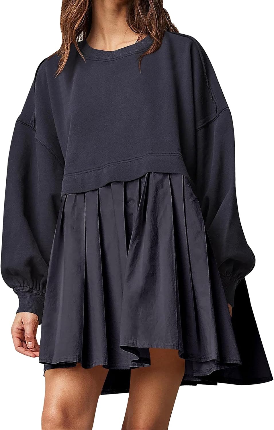 Women Elegant Pleated Ruffle Swing Dress Solid Long Sleeve Crew Neck Beach Dress Casual Loose Smocked Flowy Midi Dress