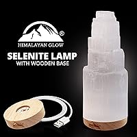 Vista 2 de Himalayan Glow Lámpara de cristal selenita de 7.9 in, grande, curvada a mano, con base de madera (certificado ETL) y cable de carga USB