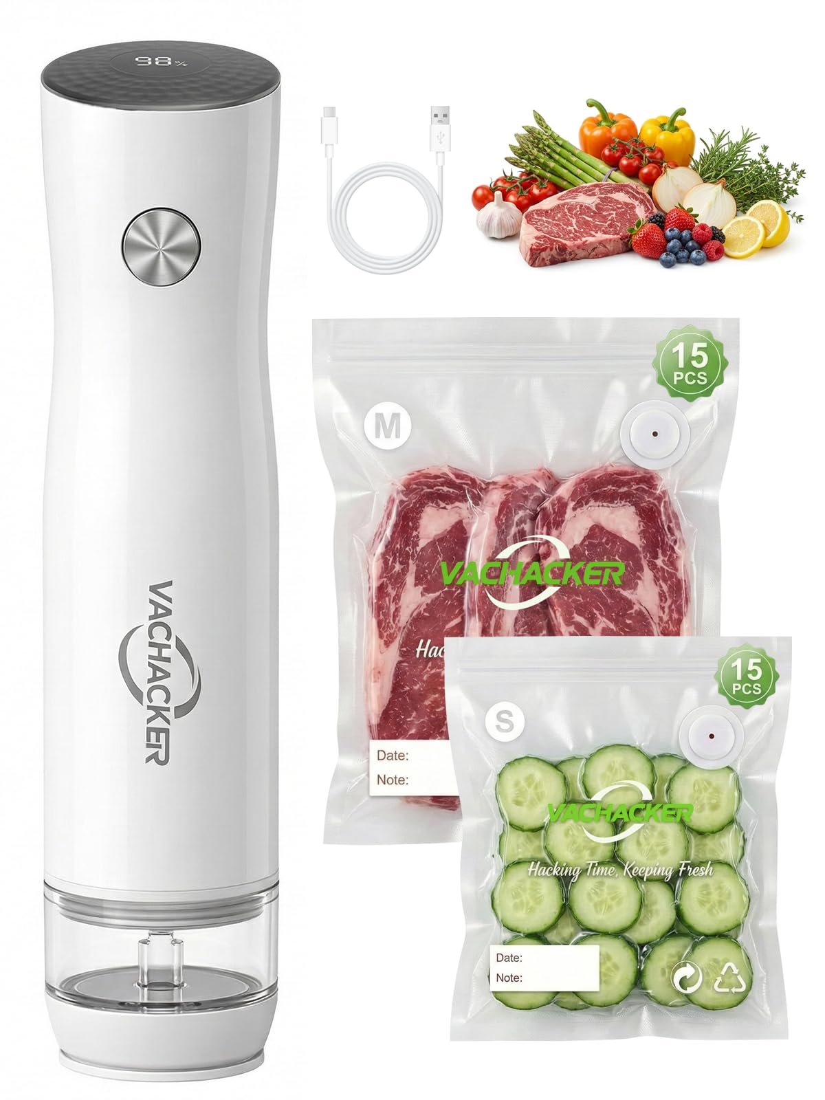 Vachacker Handheld Vacuum Sealer Kit for Food Storage with 30 Reusable Bags