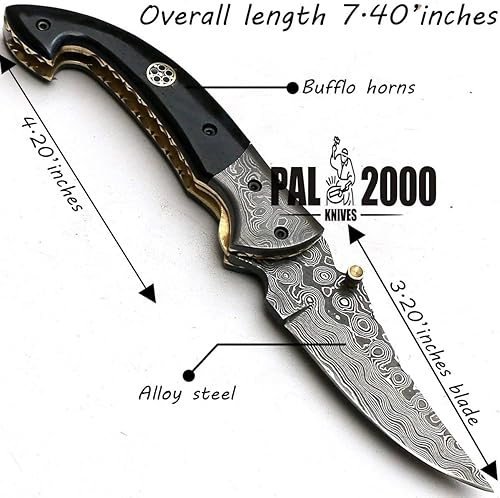 Miniatura 2 de PAL 2000 KNIVES Cuchillo de bolsillo plegable hecho a mano de acero de Damasco de 7,4 pulgadas 8736