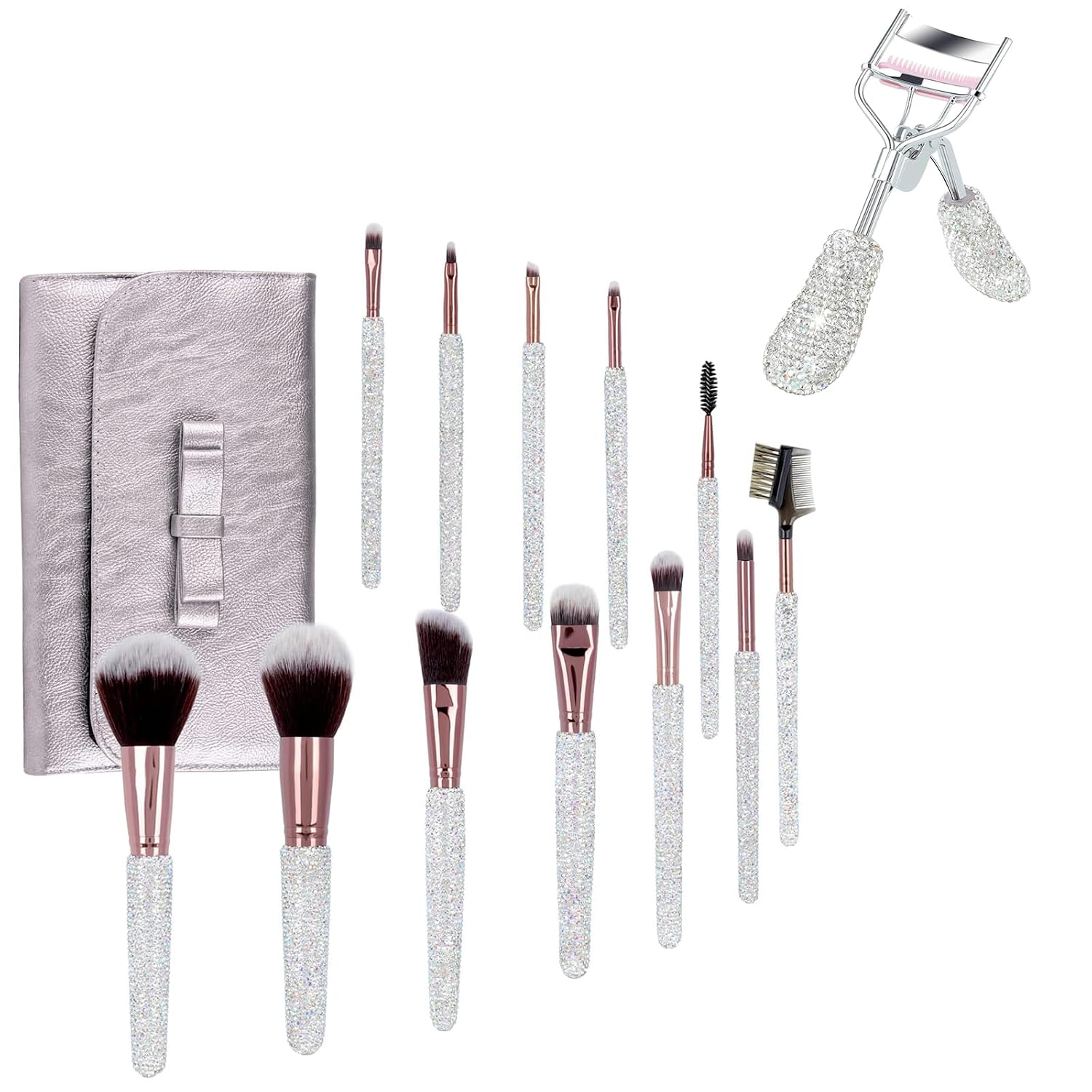 Makeup Brushes Bling Crystal Professional Beauty Tool 12PCS & Bling Rhinestone Eyelash Curlers with Built-in Comb White