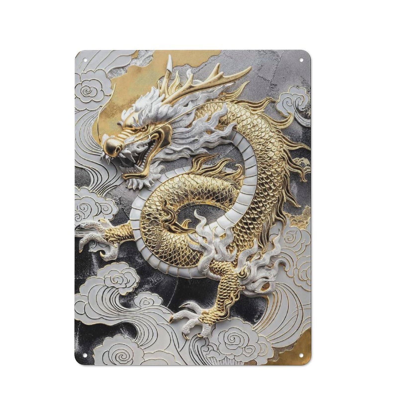 Junmoney Style-8 Gold Asian Dragon Majesty Printed Metal Sign 40X30cm For Pub Or Café, For Everyday Room Decor With A Retro Look