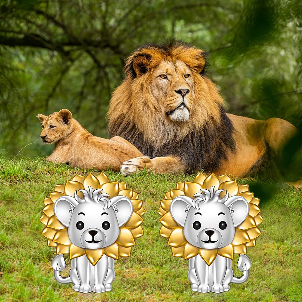 Lion Earrings for Women 925 Sterling Silver Lion Studs with Sunflower Design Lion Earrings Gifts for Animal Lovers, Birthdays, and Everyday Wear