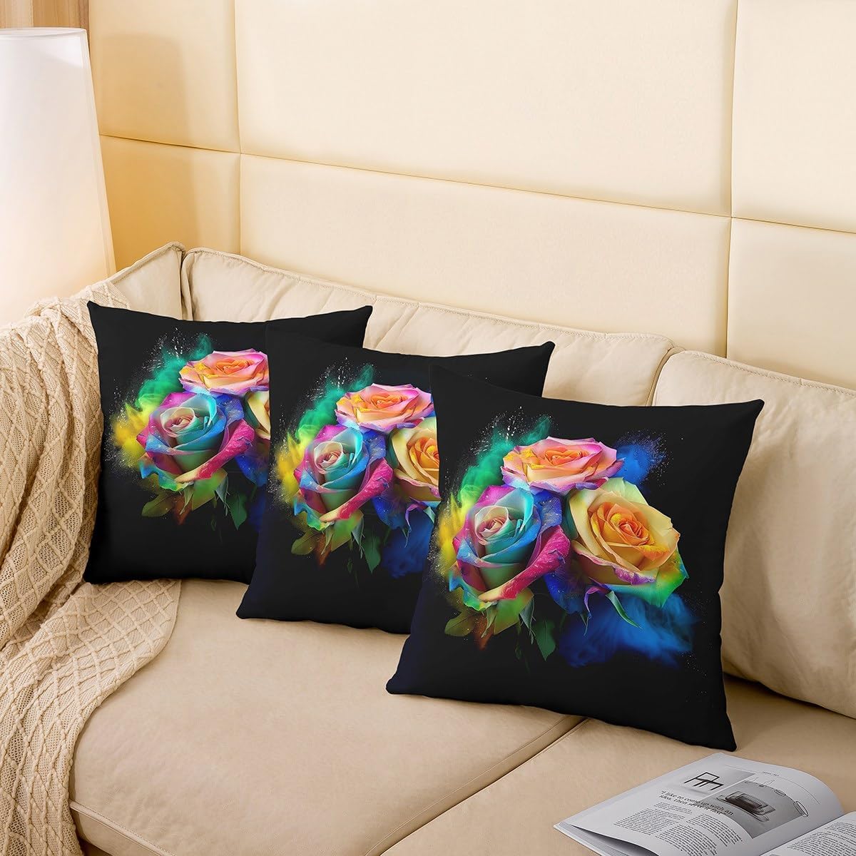 jejeloiu Boys Girls Colorful Rose Decor Pillowcase Rainbow Rose Floral Cushion Case of 2 Garden Flower Throw Pillow Covers Kids Teens Bedroom Decor 16 x 16-Inch image 4