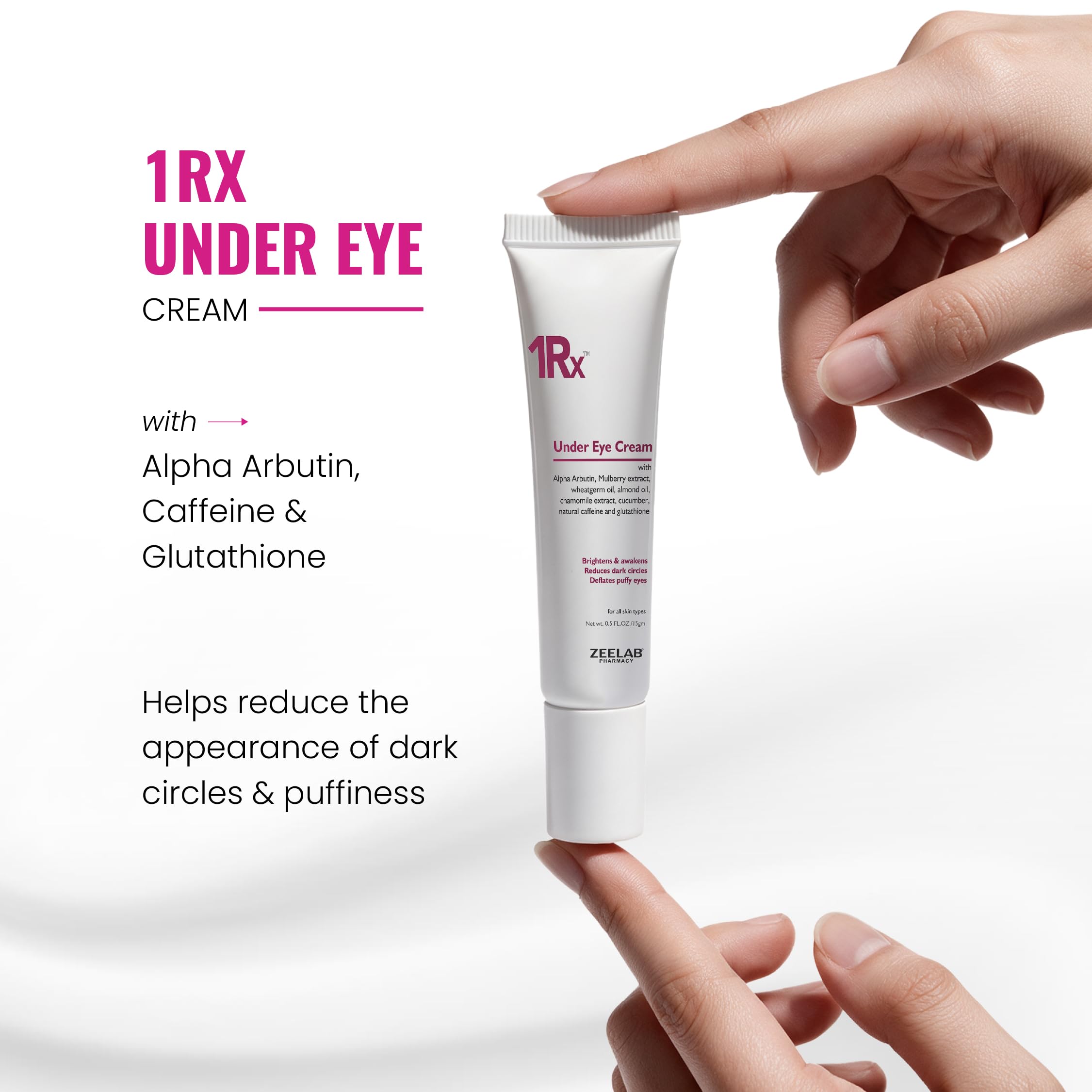 1RX Under Eye Cream with Alpha Arbutin, Natural Caffeine, Glutathione, Mulberry Extract, Almond Oil, Wheat Germ Oil, Chamomile & Cucumber Extract | Helps Reduce Dark Circles & Puffiness | 20g — Amazon image 2
