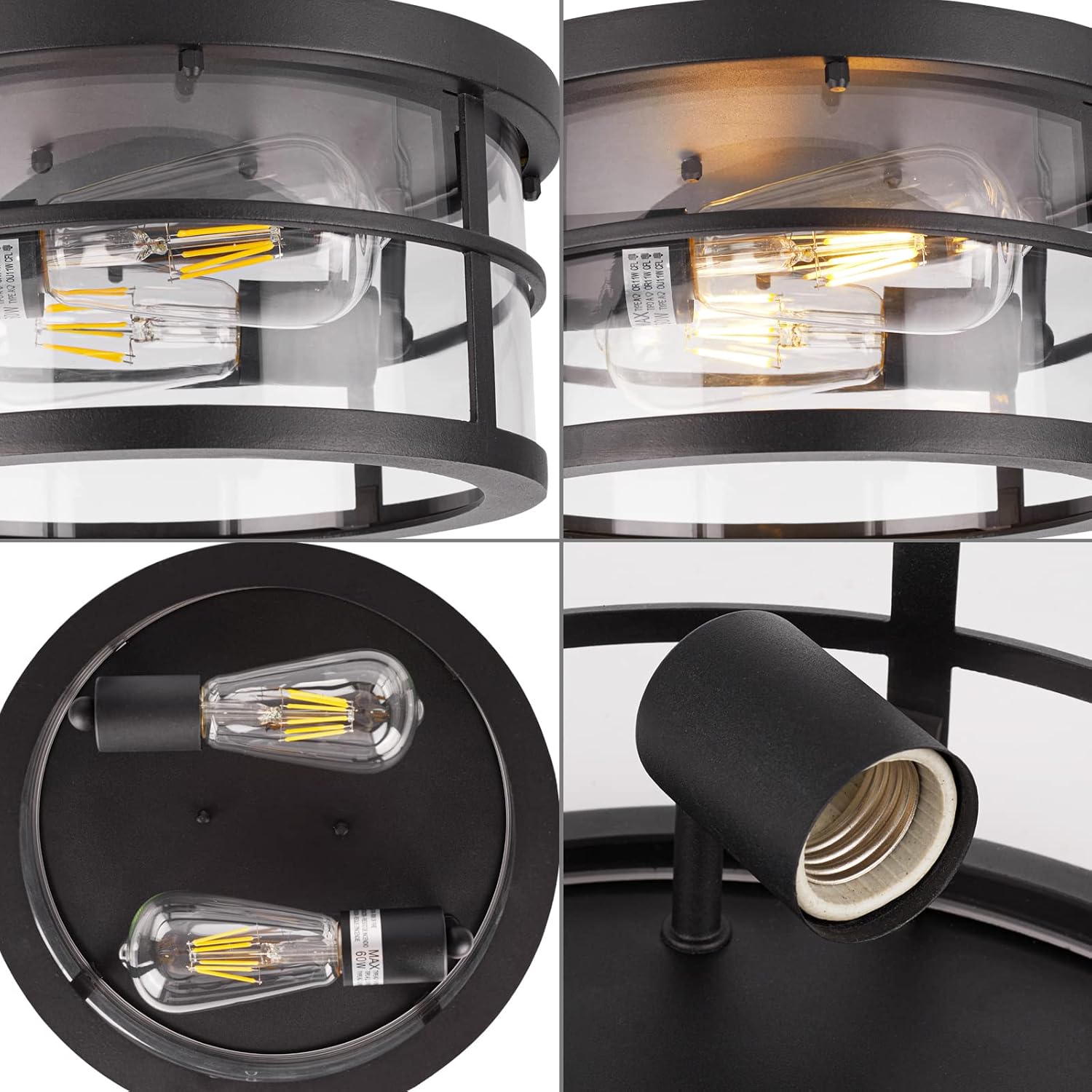 Darkaway Flush Mount Ceiling Light, 11.6 Inch Industrial Ceiling Light Fixture Outdoor Indoor Close to Ceiling with Clear Glass Shade for Hallway Balcony Porch Kitchen Living Room 2-Light