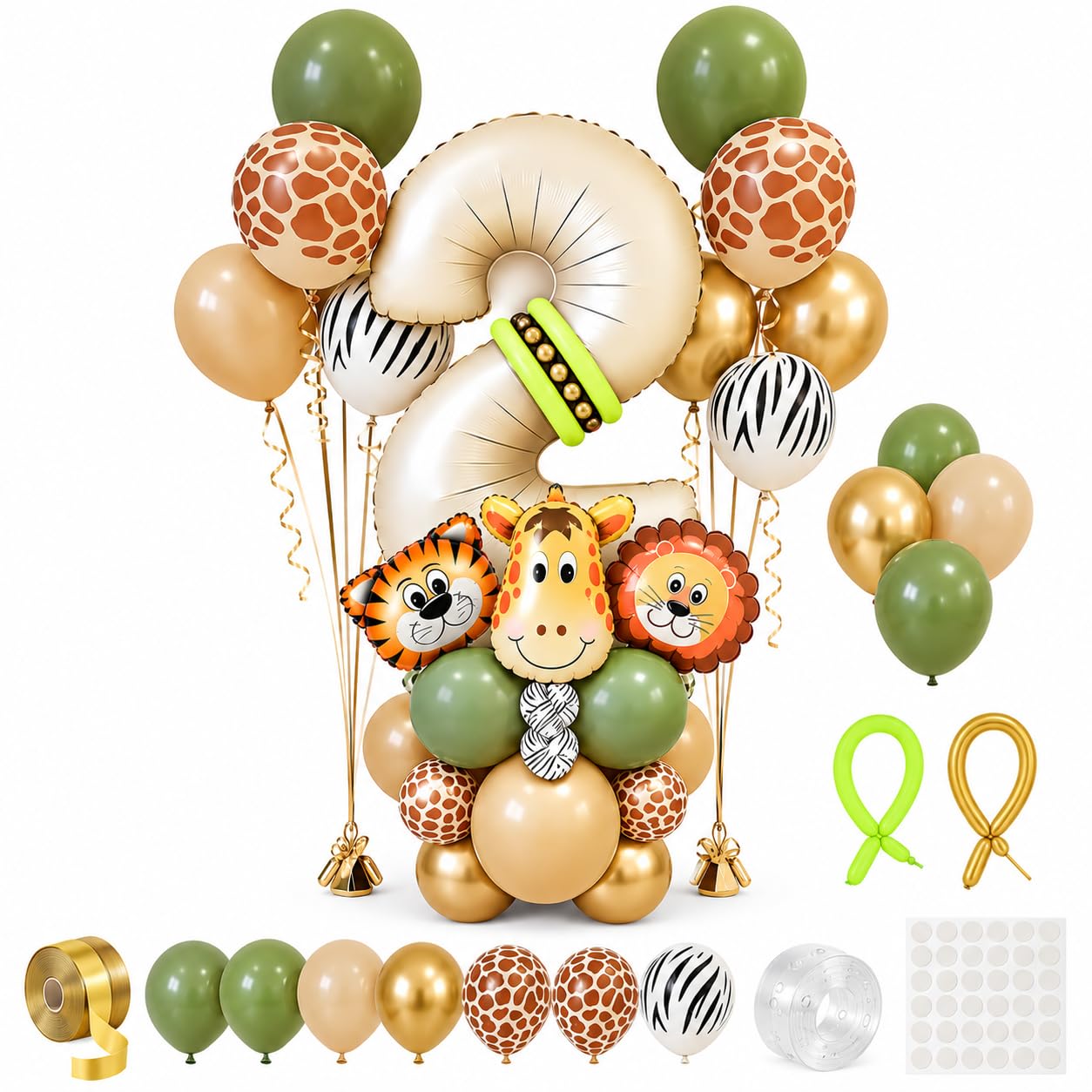 40Pcs 2nd Birthday Balloon Kit, 40 Inch Number 2, Jungle Safari Balloons
