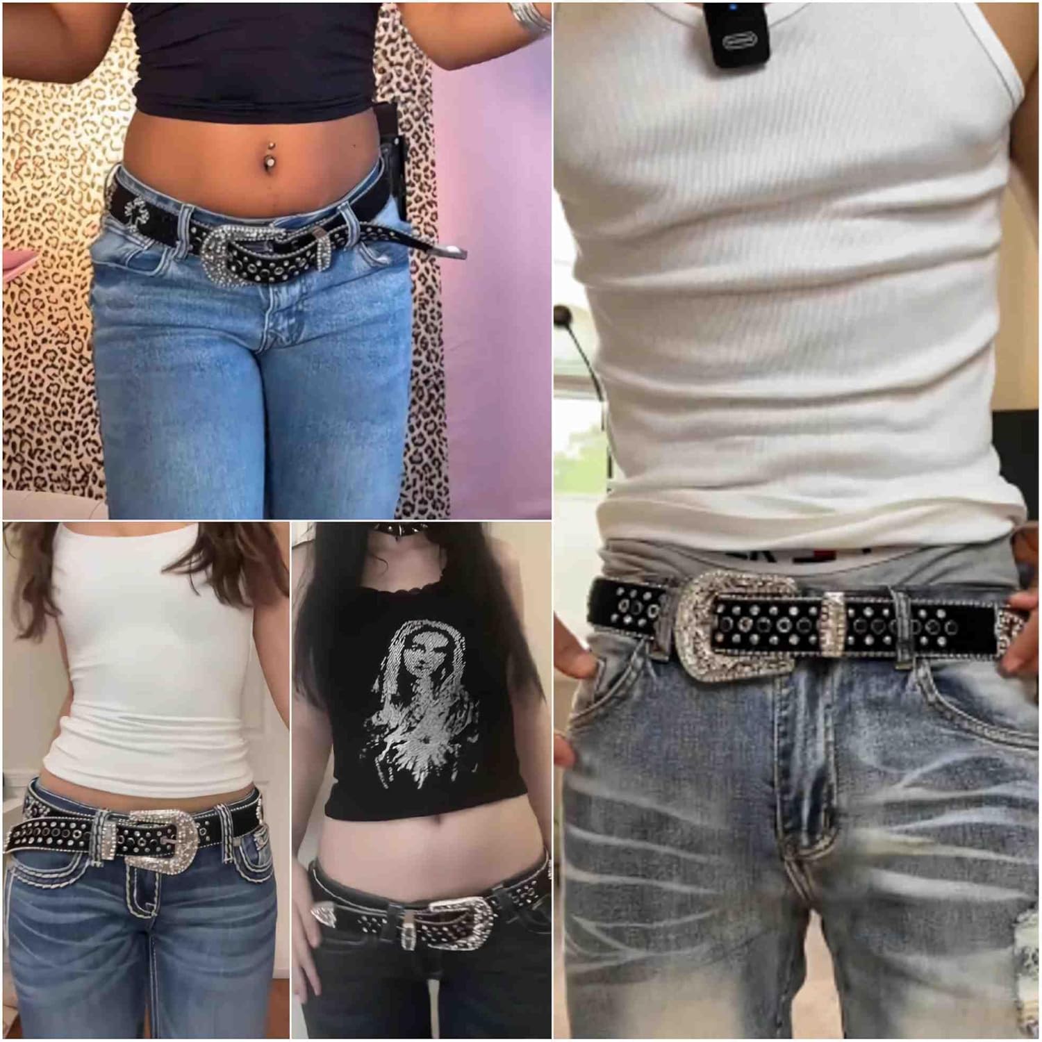 rhinestone studded cowgirl and cowboy black y2k goth belt, western country emo leather punk rock chunky designer belts for women and mens, trendy grunge scene clothes accessories - Image 2
