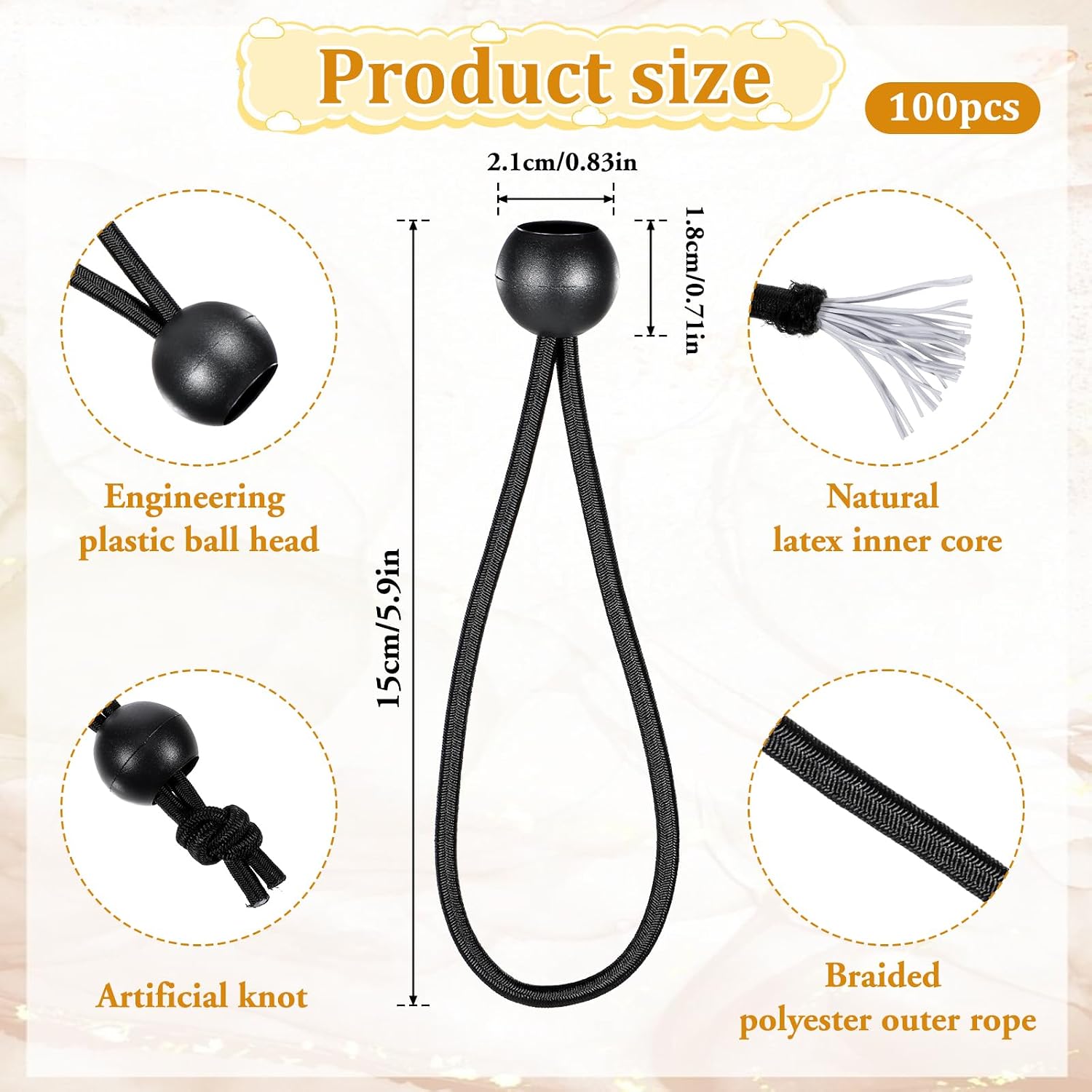 100 Pack Tarp Bungee Cords with Balls, 6 Inch Ball Bungee Cords Elastic Tarp Tie Downs Straps Heavy Duty Outdoor Canopy Tent Tie Downs for Camping, Travel, Luggage, Tent Poles with UV Resistant, Black