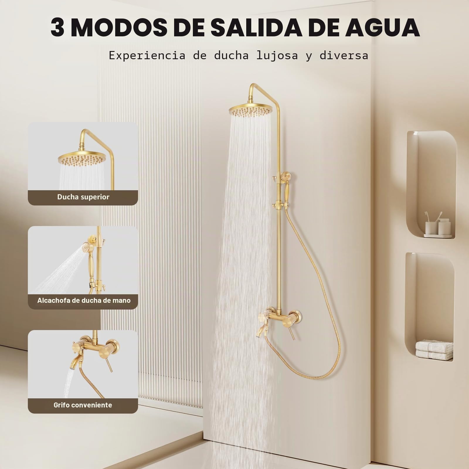 Conjunto de ducha de latón, sistema de ducha, juego de ducha dorado vintage con ducha de lluvia y salida de ducha manual