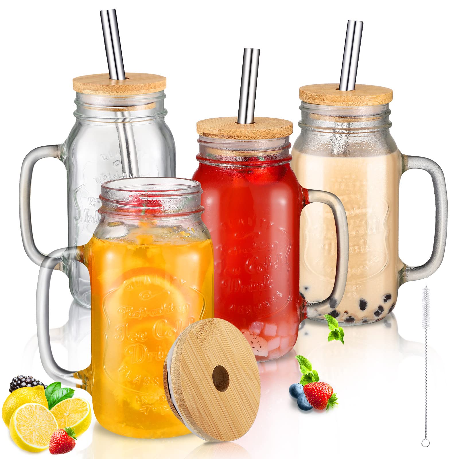 4 Pack Mason Can Jar Mugs with Handle, Bamboo Lids and Stainless Steel Straws 24 Oz Smoothie Jar Drinking Glasses Reusable Wide Mouth Mason Can Jar Cup for Iced Coffee Large Pearl Juices Cocktail