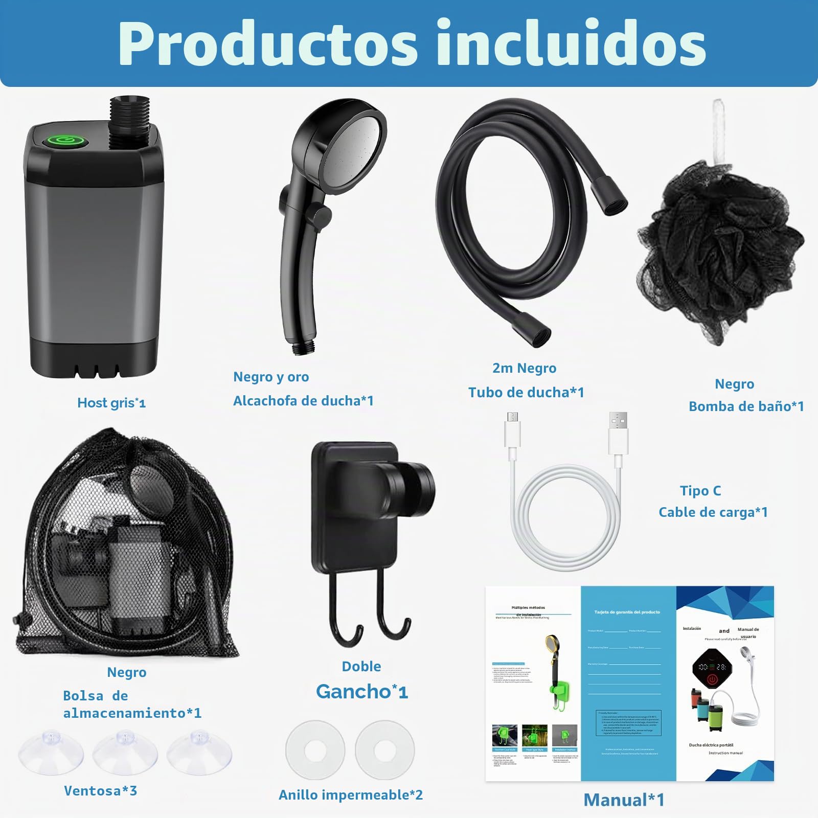 Ducha Portatil, Ducha Portatil Camping, 6000mAh Batería Recargable Ducha Camper, Ducha Camping con Pantalla LED Inteligente 4 Modos, Duchas Portatiles para Camping, Jardín, Lavado de Coches
