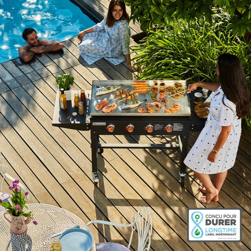 BRASERO BY FAVEX – Plancha gaz Carmen 4 feux – Grande surface – Jusqu'à 12 à 14 convives – Cuisson homogène – Housse incluse