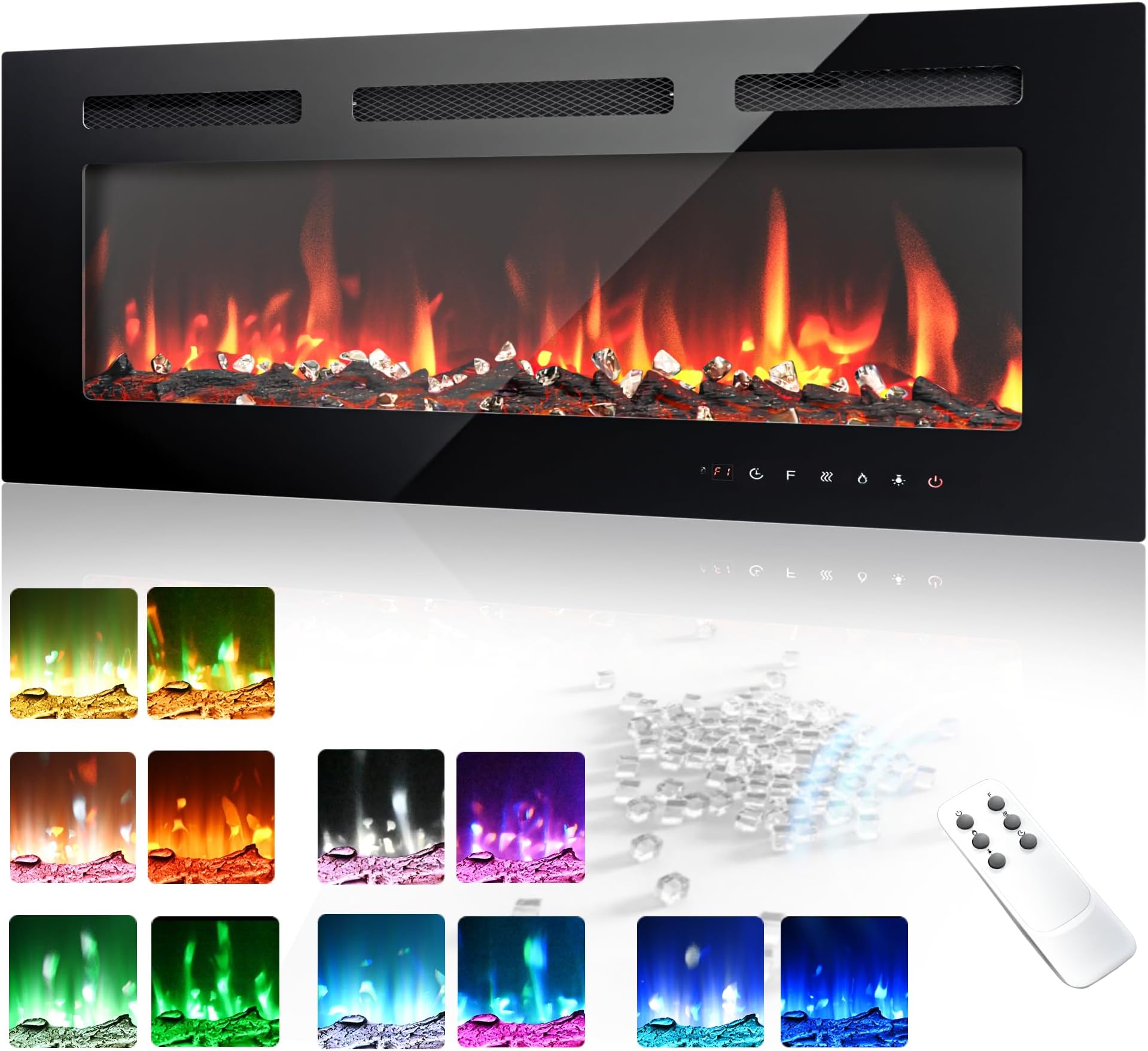 EUHOMY 36 Inch Electric Fireplace Wall Recessed and Wall Mounted with Adjustable Flame Color, Fireplace Heater with Remote Control, Linear Fireplace with Timer, Touch Screen, Log & Crystal, 750/1500W